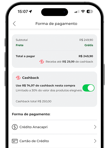 Página de produto mostrando o valor de geração do cashback