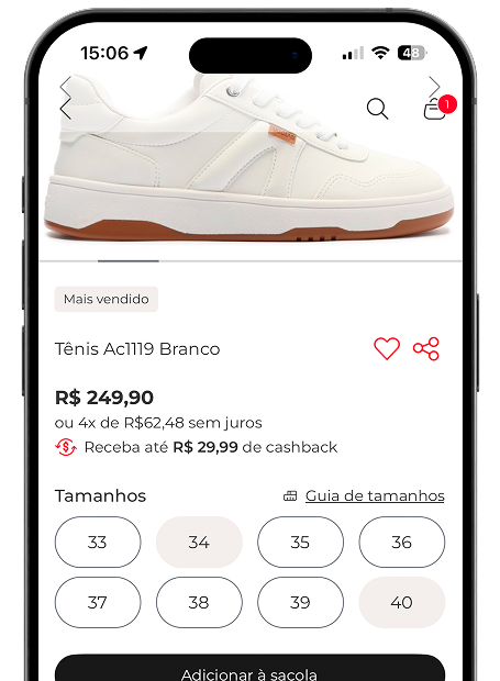 Página de produto mostrando o valor de geração do cashback