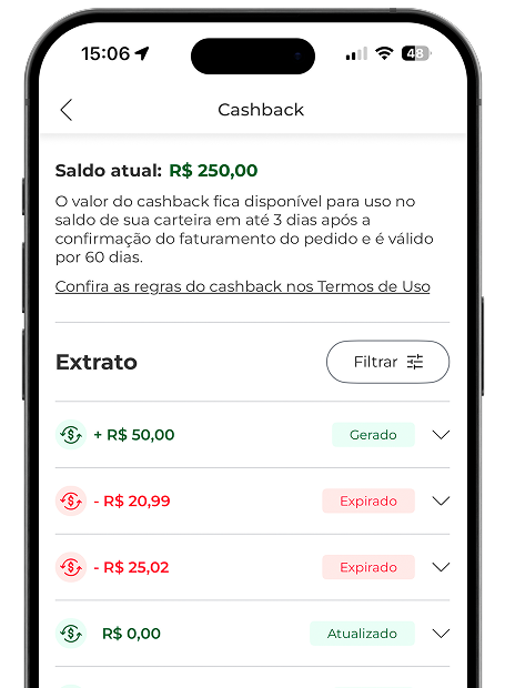 Página de extrato mostrando o valor das transações do cashback