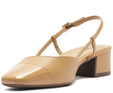 Sapatilha Slingback Salto Bloco Ponta Verniz Bege