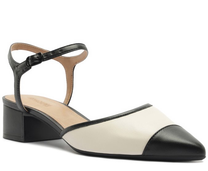 Scarpin Salto Bloco Bicolor Branco Off e Preto