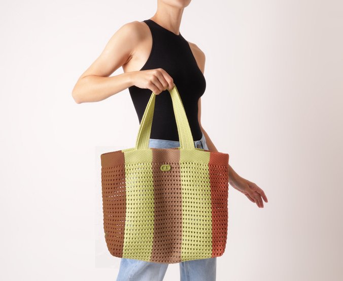 Bolsa Shopping Grande Crochê Marrom e Verde
