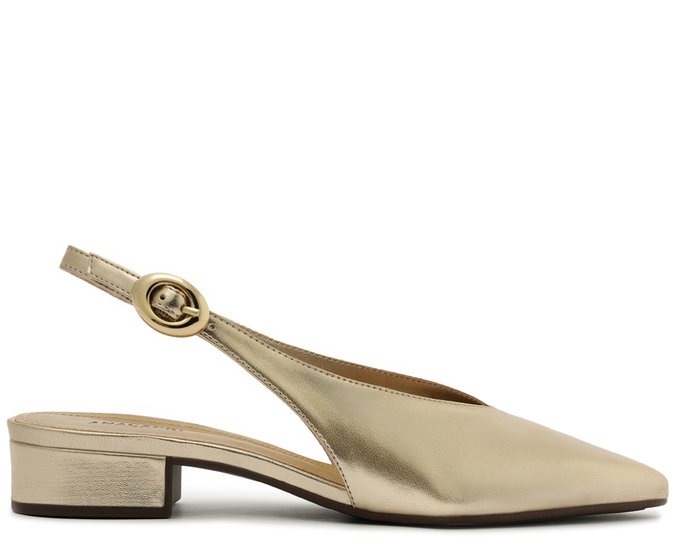 アリ Sapatilha Slingback Salto Bloco Verniz Dourada | Anacapri