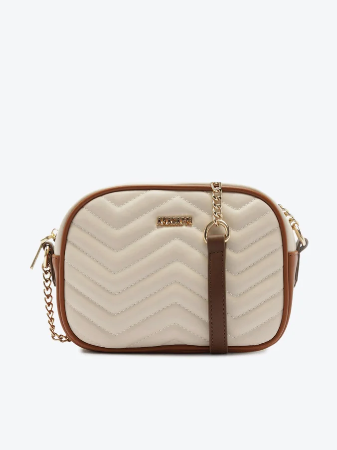 Bolsa Tiracolo Média Matelassê Zig Zag Bege e Marrom