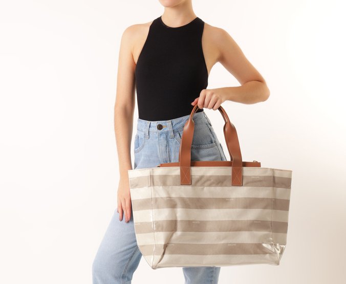 Bolsa Shopping Grande Listras Vinil Bege