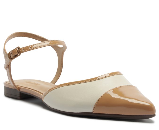 Sandália Rasteira Slingback Bicolor Branca e Marrom