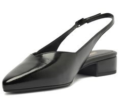 Sapatilha Slingback Salto Bloco Corte Triangular Preta Brilhosa