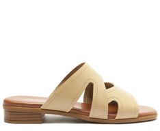 Sandália Mule Bico Quadrado Pespontos Bege