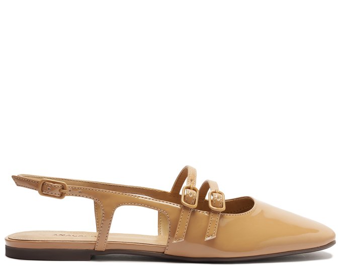 Sapatilha Slingback Bico Quadrado Tiras Verniz Bege