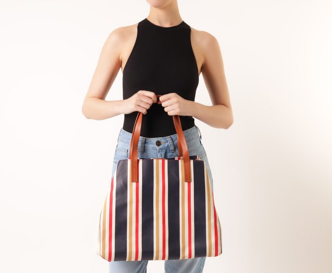 Bolsa Shopping Grande Lona Tricolor Azul e Vermelho