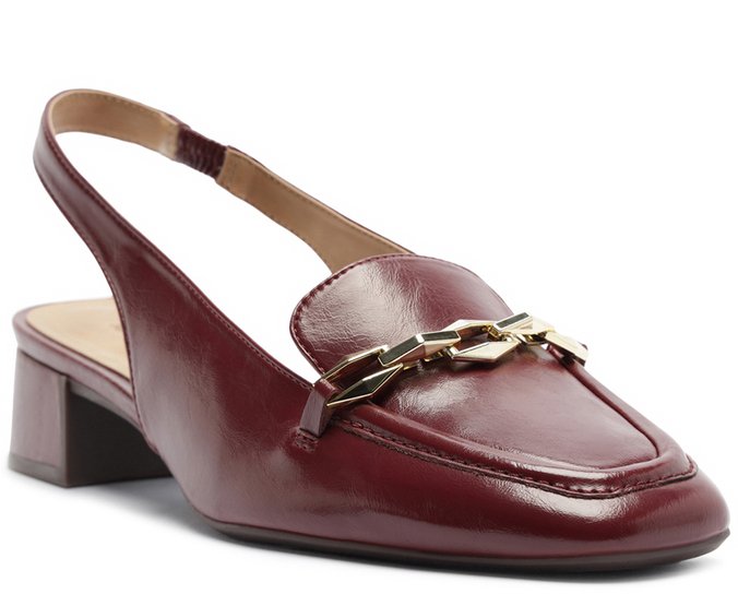 Mocassim Slingback Salto Bloco Corrente Vermelha