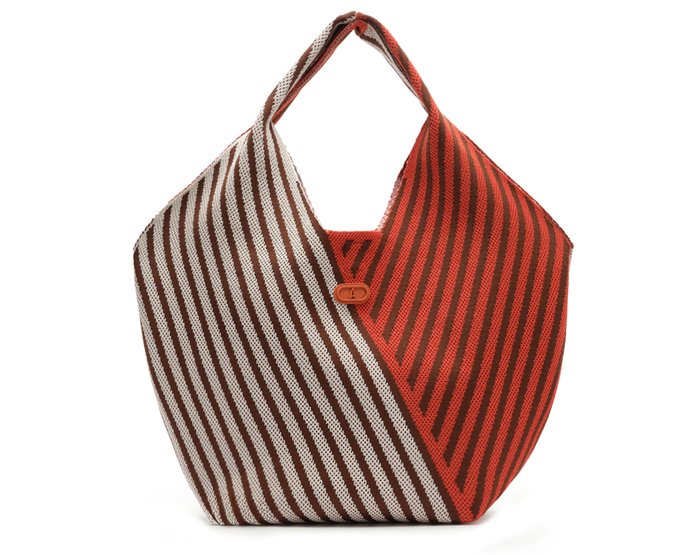 Bolsa Shopping Grande Knit Listrado Laranja e Marrom