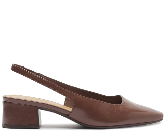 Sapatilha Salto Bloco Slingback Ponta Quadrada Marrom