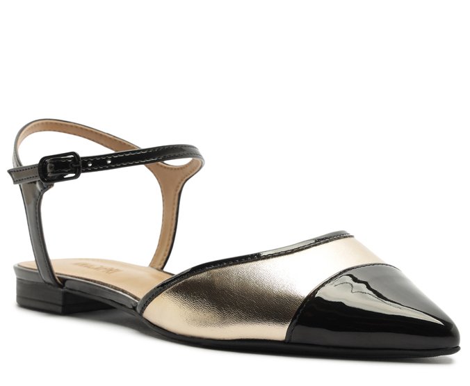 Sandália Rasteira Slingback Bicolor Dourada e Preta