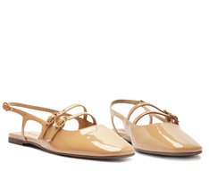 Sapatilha Slingback Bico Quadrado Tiras Verniz Bege