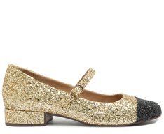 Sapato Boneca Dourado e Preto Glam Salto Bloco