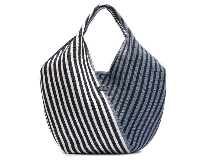 Bolsa Shopping Grande Knit Listrado Azul e Branco