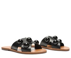 Rasteira Tiras Cruzadas Couro Adorno Preta