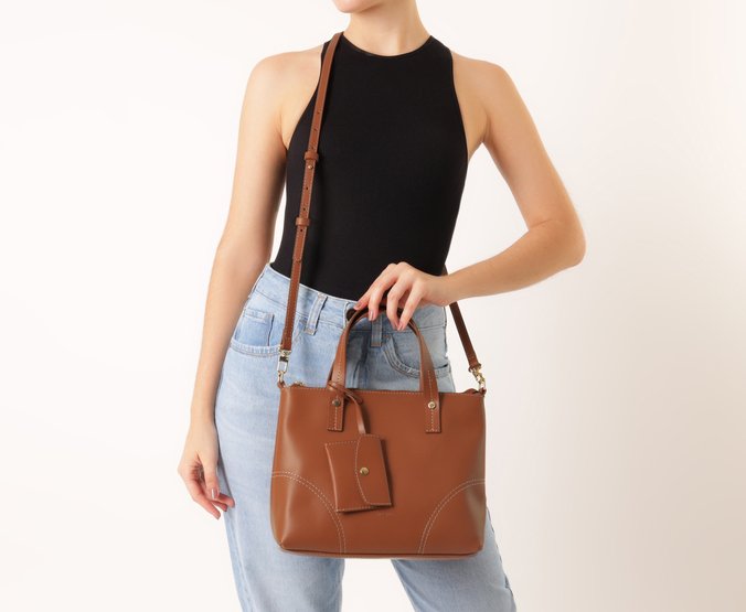 Bolsa Tote Média Costura Ornamental Marrom