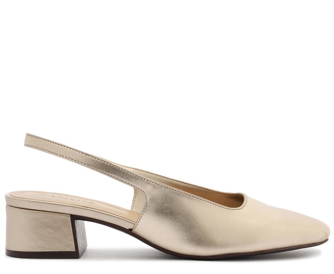 Sapatilha Salto Bloco Slingback Ponta Quadrada Dourada