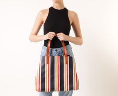 Bolsa Shopping Grande Lona Tricolor Azul e Vermelho