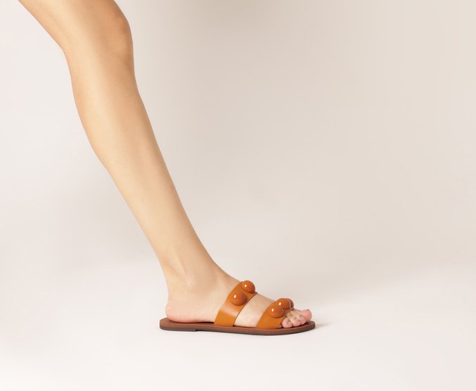 Rasteira Tiras Paralelas Esfera Pop Couro Laranja