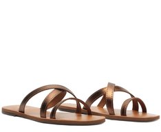 Rasteira Tiras Pespontos Couro Bronze