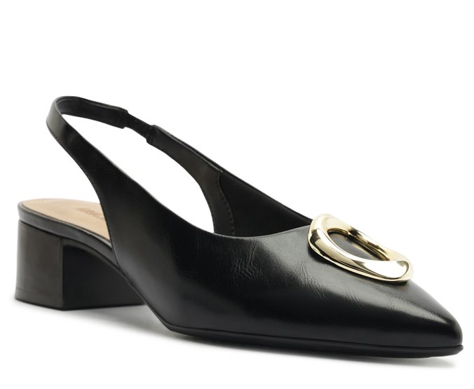 Scarpin Slingback Salto Bloco Aplique Metal Preto