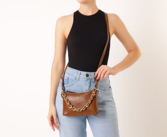 Bolsa Tiracolo Pequena Corrente Cordão Marrom