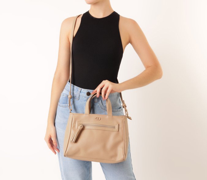 Bolsa Tote Média Bolso Frontal Barbicacho Bege