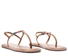 Sandália Slim Pespontos Missangas Multicolor E Marrom