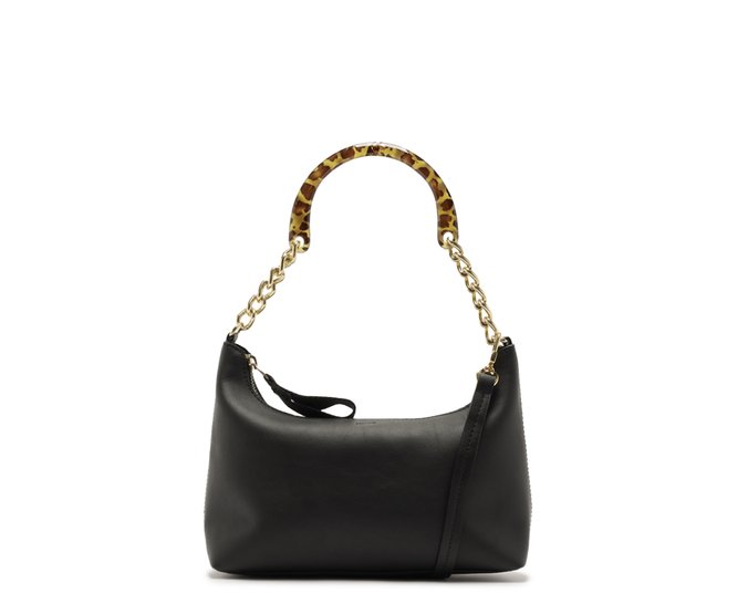 Bolsa Tiracolo Média Preta Alça Acrílica Animal Print