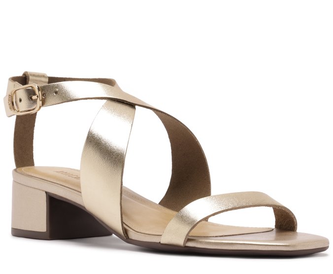 Sandália Salto Bloco Tira Lateral Couro Dourada