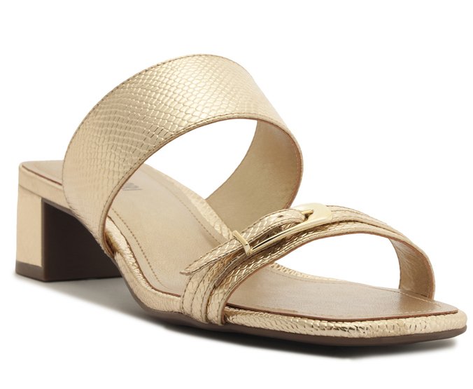 Tamanco Salto Bloco Detalhe Metal Dourado