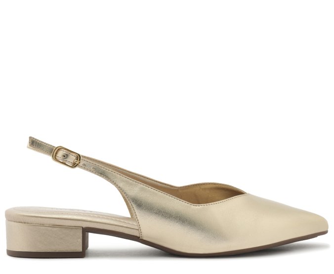 Sapatilha Slingback Salto Bloco Corte Triangular Dourada