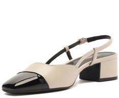 Sapatilha Slingback Salto Bloco Bege Ponta Verniz Preta