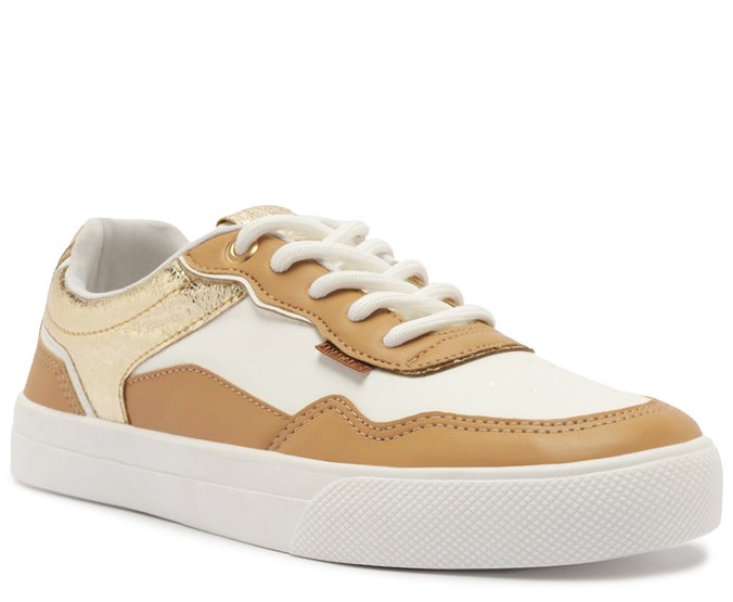 Tênis Casual Recortes Bege e Dourado