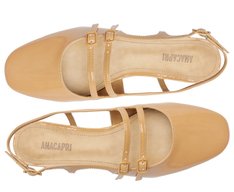 Sapatilha Slingback Bico Quadrado Tiras Verniz Bege