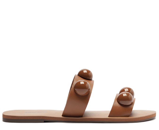 Rasteira Tiras Paralelas Esfera Pop Couro Marrom Anacapri