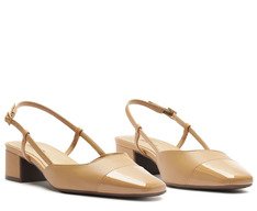 Sapatilha Slingback Salto Bloco Ponta Verniz Bege