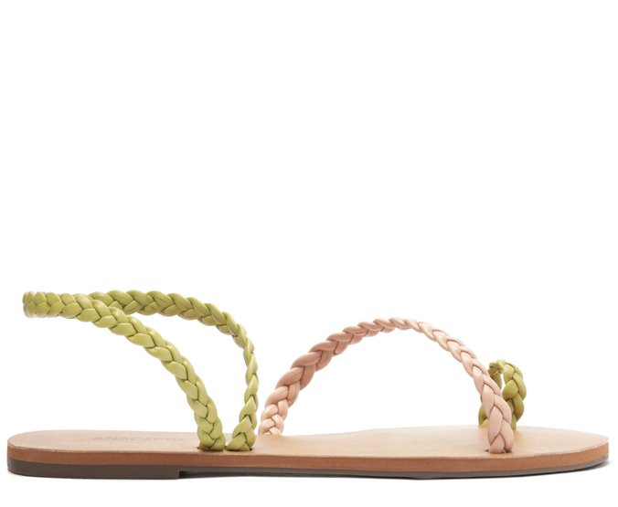 Rasteira Tira Trançada De Encaixe  Blush e Verde