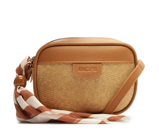 Bolsa Tiracolo Média Raffia Com Lenço Marrom