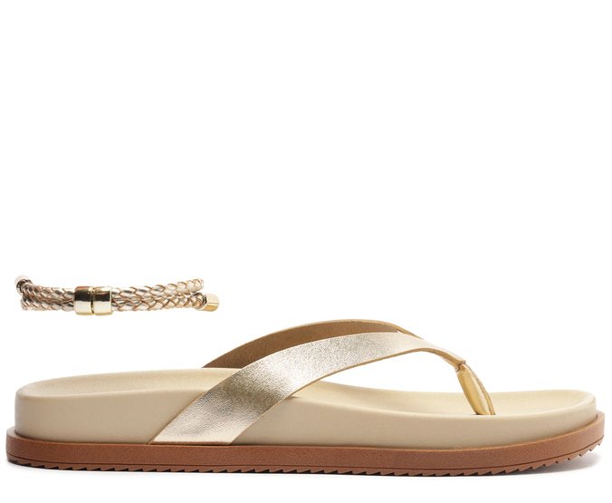 Chinelo Papete Couro com Tornozeleira Dourada