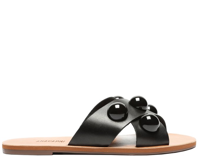 Rasteira Tiras Cruzadas Couro Adorno Preta