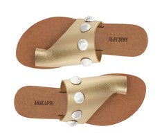 Rasteira Maxi Tachas Couro Dourada