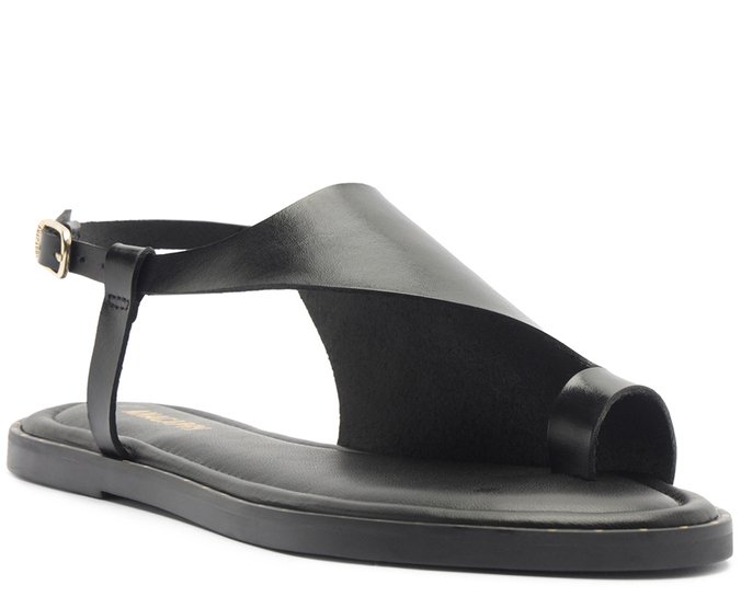 Sandália Rasteira Tira Irregular Couro Preta