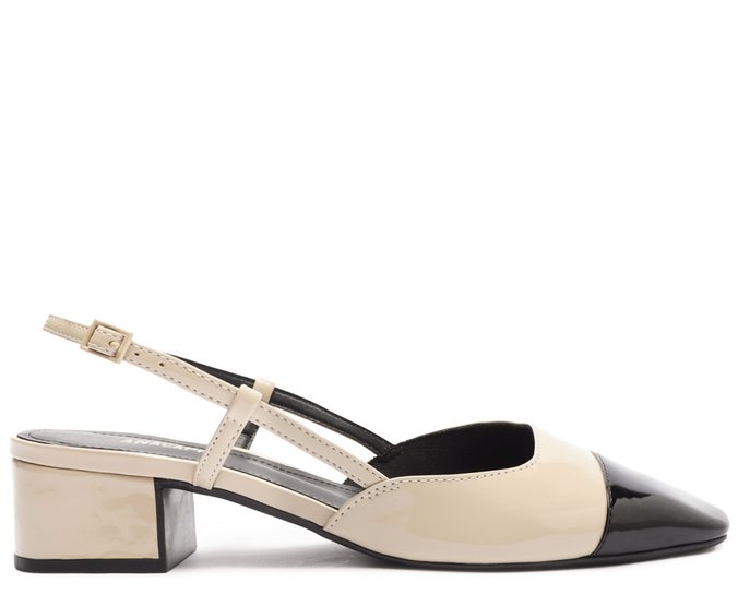 Sapatilha Slingback Salto Bloco Ponta Preta Verniz Bege