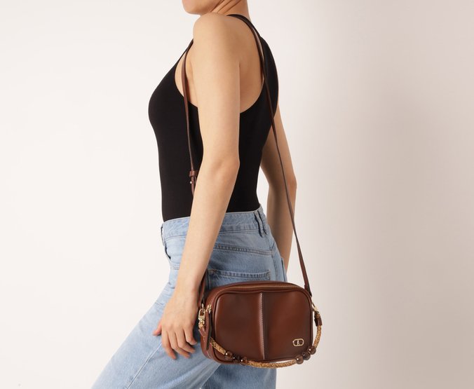 Bolsa Tiracolo Média Alça Corda E Esferas Marrom