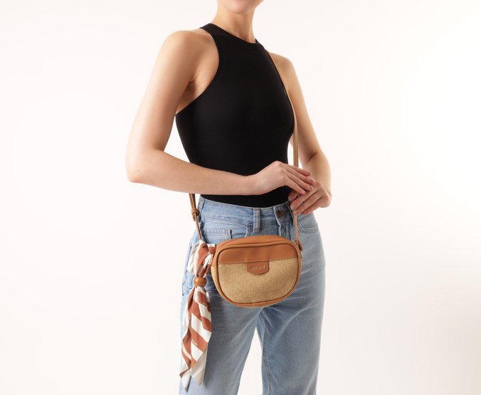Bolsa Tiracolo Média Raffia Com Lenço Marrom
