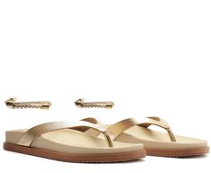 Chinelo Papete Couro com Tornozeleira Dourada